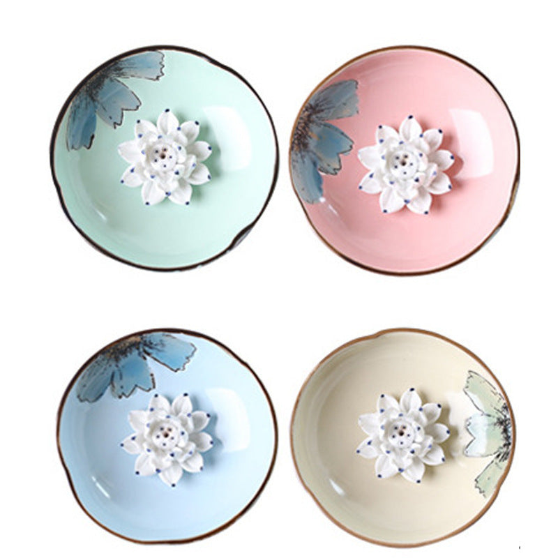Lotus Leaf Ceramic Incense Holder – Hand-Painted Porcelain Plate for Sticks & Coils