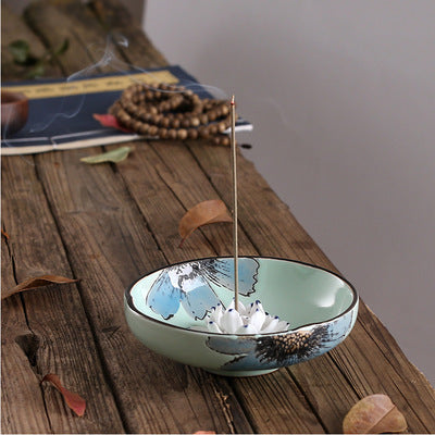 Lotus Leaf Ceramic Incense Holder – Hand-Painted Porcelain Plate for Sticks & Coils