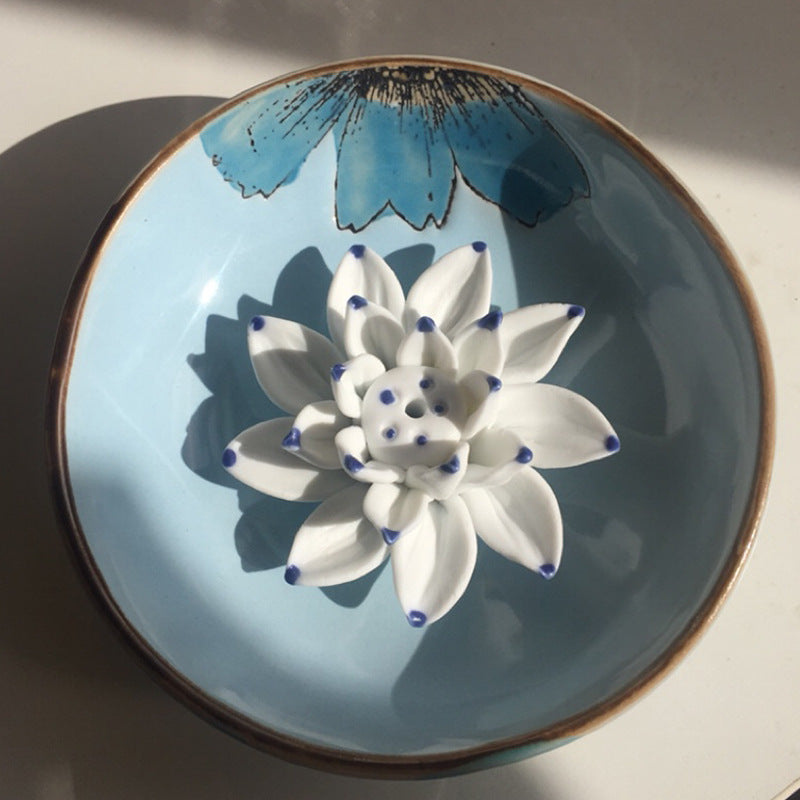 Lotus Leaf Ceramic Incense Holder – Hand-Painted Porcelain Plate for Sticks & Coils