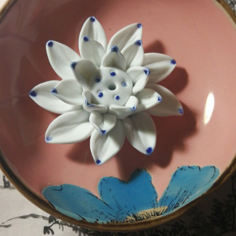 Lotus Leaf Ceramic Incense Holder – Hand-Painted Porcelain Plate for Sticks & Coils