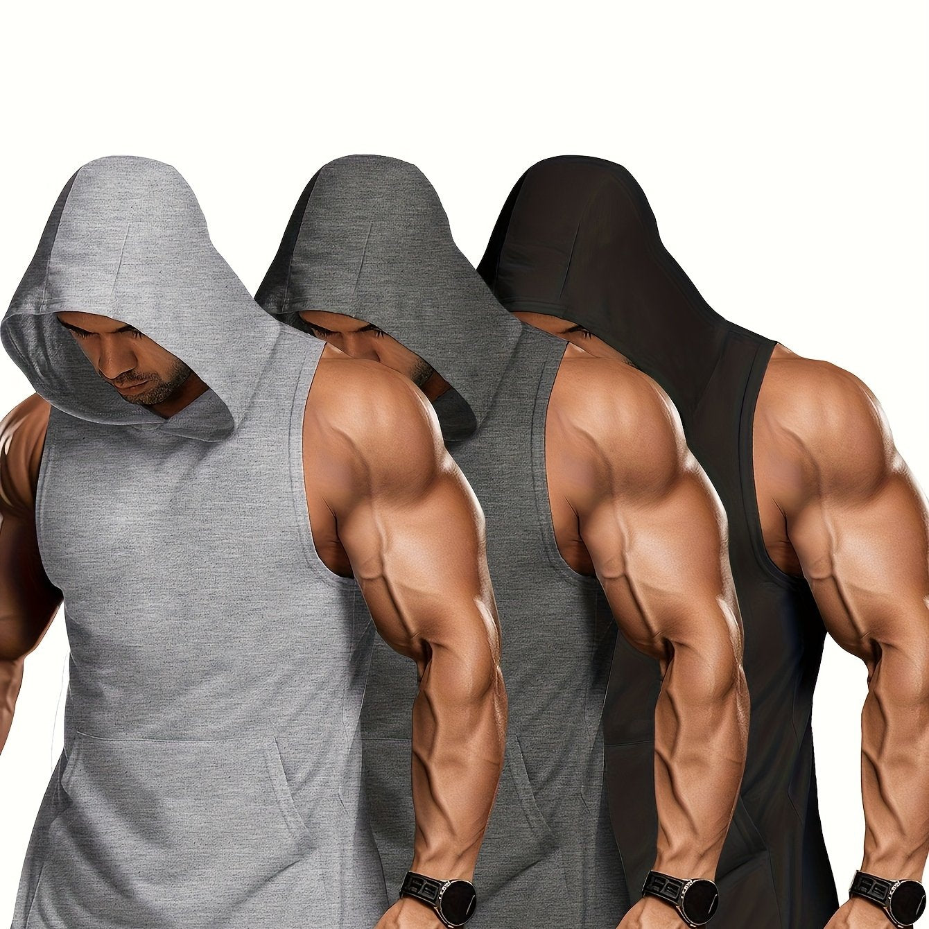 3pcs Men's Workout Hooded Sleeveless Gym Hoodies - Breathable Muscle-Cut Design, Medium-Stretch Fabric for Bodybuilding, Training & Summer Sports (Gym/Yoga/Running) - Regular Fit, Hand Wash/Dry Clean, Gym Clothes, Yoga Active