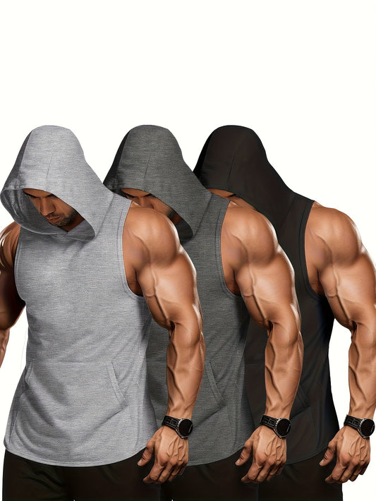 3pcs Men's Workout Hooded Sleeveless Gym Hoodies - Breathable Muscle-Cut Design, Medium-Stretch Fabric for Bodybuilding, Training & Summer Sports (Gym/Yoga/Running) - Regular Fit, Hand Wash/Dry Clean, Gym Clothes, Yoga Active