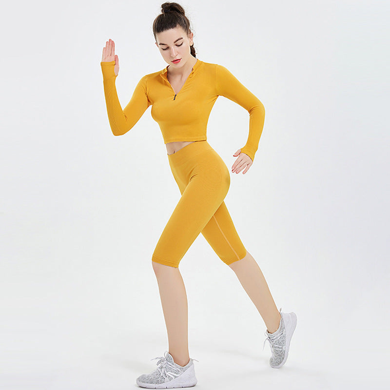 Women’s Sports Gym 2-Piece Set – Long Sleeve Zipper Jersey & Split Shorts1