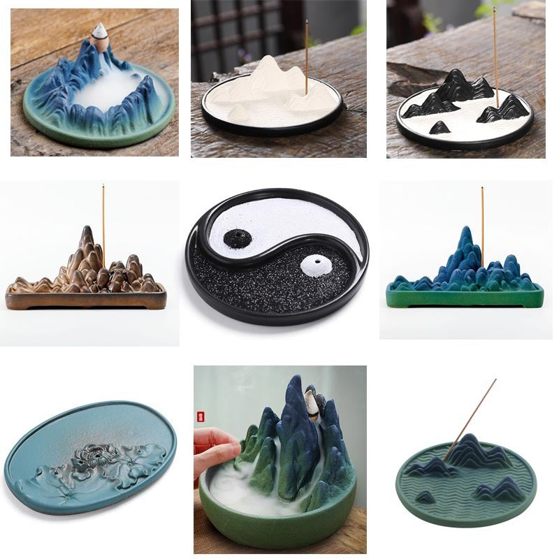 ZenFlow Handmade Ceramic Backflow Incense Burner – Chinese Style Tai Chi & Mountain Designs