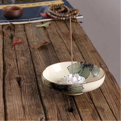 Lotus Leaf Ceramic Incense Holder – Hand-Painted Porcelain Plate for Sticks & Coils